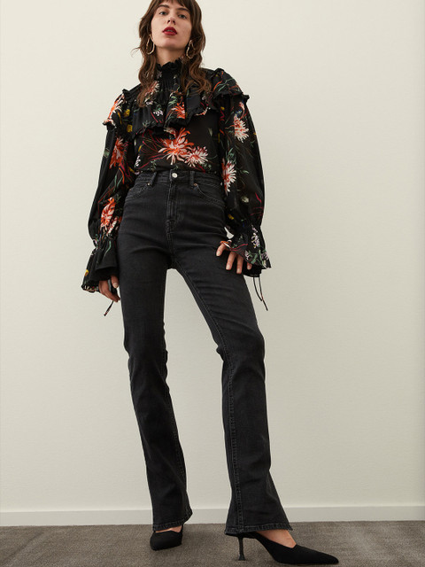 

H&M Black & Multicoloured Frill-Trimmed Chiffon Blouse
