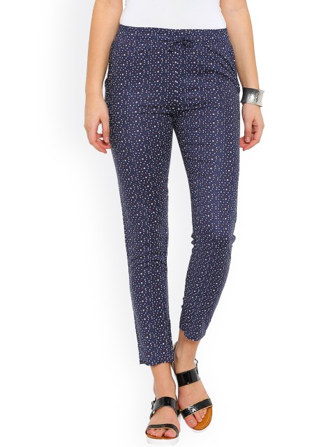 

De Moza Navy Printed Straight Fit Trousers, Navy blue