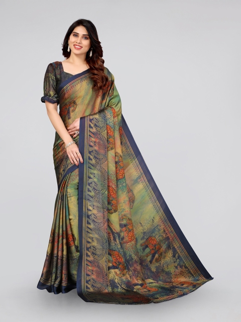 

MIRCHI FASHION Green & Blue Ethnic Motifs Printed Baluchari Saree