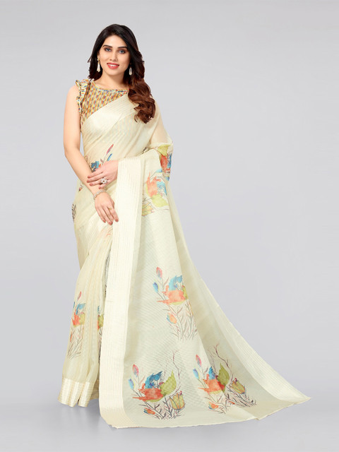

MIRCHI FASHION Cream-Coloured & Green Floral Printed Zari Bagh Saree
