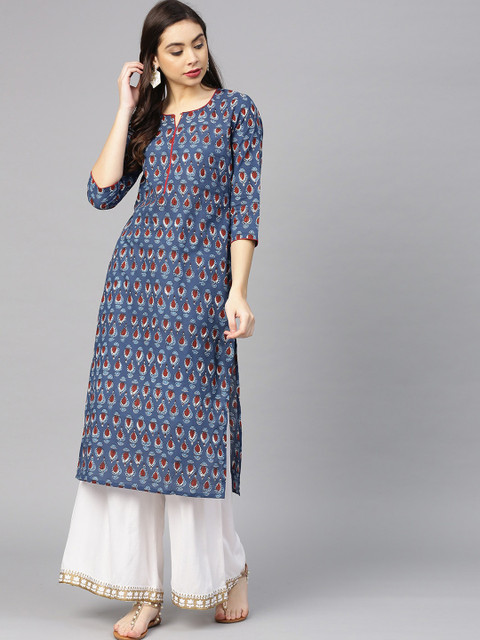 

Varanga Women Blue Ethnic Motifs Printed Keyhole Neck Kurta