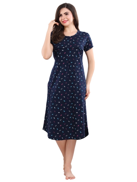 

9shines Label Women Navy Blue Printed Pure Cotton Nightdress
