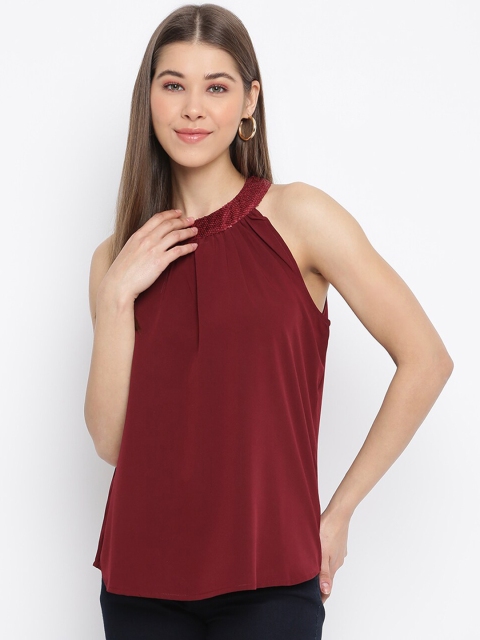 

Mayra Maroon Halter Neck Crepe Top