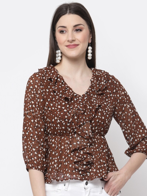 

Mafadeny Brown & White Animal Print Georgette Wrap Top