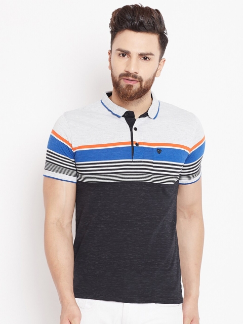 

Okane Men Charcoal Grey & Blue Striped Polo Collar T-shirt