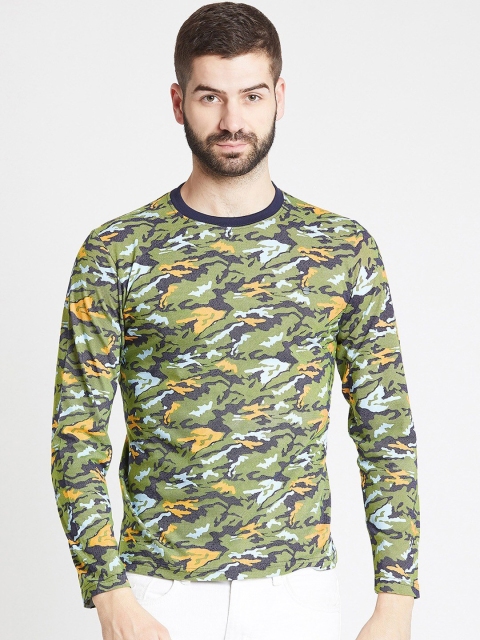 

Okane Men Olive Green & Black Camouflage Printed Cotton T-shirt