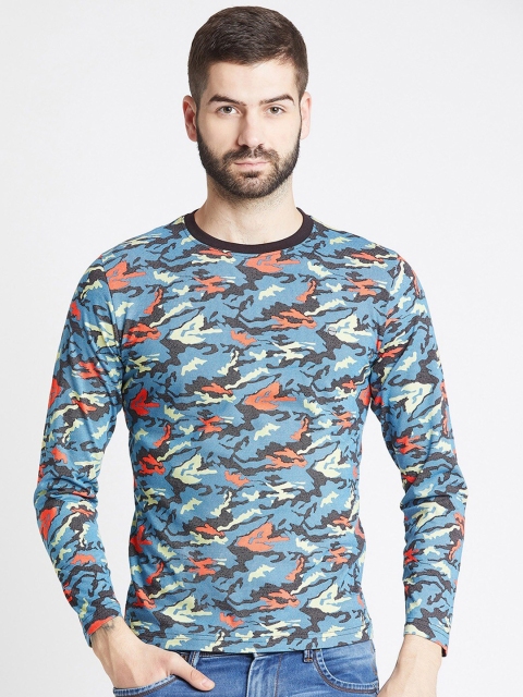 

Okane Men Turquoise Blue & Black Camouflage Printed Cotton T-shirt