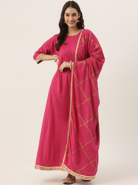 

Rustorange Pink Ethnic Maxi Dress with Gota Detailed Dupatta