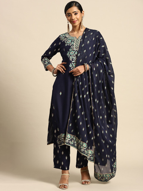 

Prakhya Women Navy Blue Ethnic Motifs Yoke Design Kurta with Palazzos & With Dupatta