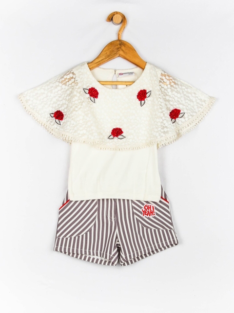 

Peppermint Girls Off-White & Black Cape Sleeves Top with Shorts