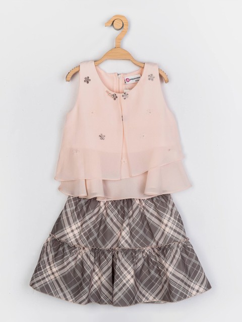 

Peppermint Girls Peach-Coloured & Grey Top with Skirt