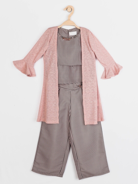 

Peppermint Girls Grey & Peach-Coloured Striped Top with Trousers