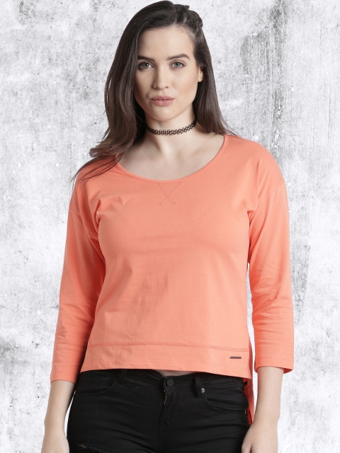 

Roadster Women Coral Orange Solid Round Neck T-shirt