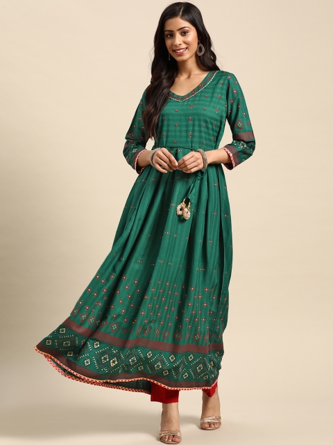 

Prakhya Women Green & Red Ethnic Motifs Printed Beaded ALine Kurta