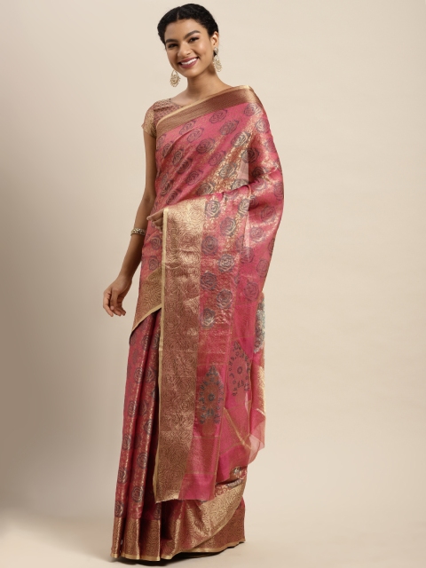 

Satrani Women Dusty Pink Floral Woven Design Organza Kanjeevaram Saree, Rose