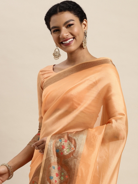 

Satrani Women Orange Solid Dyed Organza Banarasi Saree