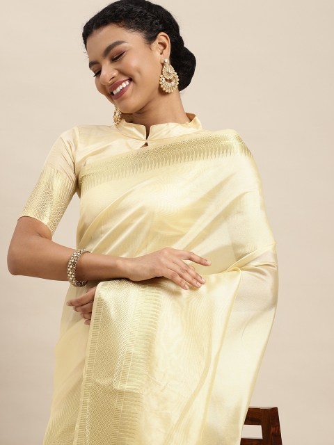 

Satrani Women Cream-Coloured Solid Dyed Organza Banarasi Saree