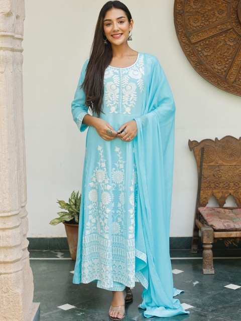 

AMIRAS INDIAN ETHNIC WEAR Women Blue Ethnic Motifs Embroidered Layered Kurta Set