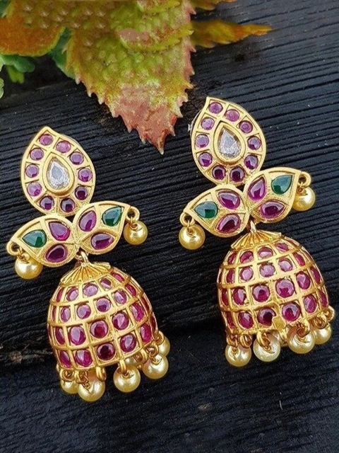 

GRIIHAM Multicoloured Gold-Plated Contemporary AD-Studded Antique Jhumkas Earrings, Multi