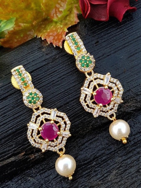 

GRIIHAM Pink & Green Gold Plated American Diamond Studded Contemporary Drop Earrings