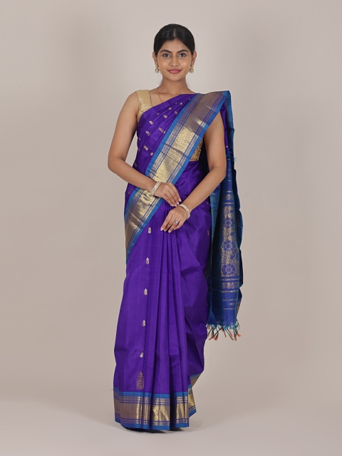 

Pothys Blue & Gold-Toned Floral Zari Pure Silk Kanjeevaram Saree