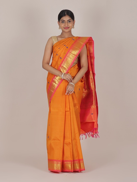 

Pothys Orange & Gold-Toned Woven Design Zari Pure Silk Kanjeevaram Saree