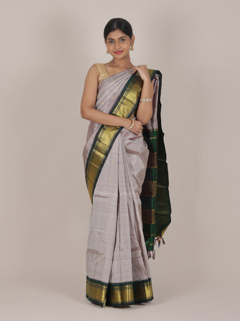 

Pothys Grey & Green Ethnic Motifs Zari Pure Silk Saree