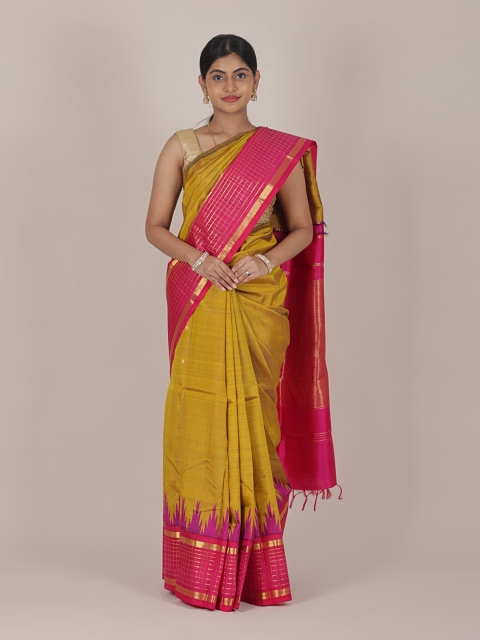 

Pothys Golden & Magenta Ethnic Motifs Zari Pure Silk Kanjeevaram Saree, Gold