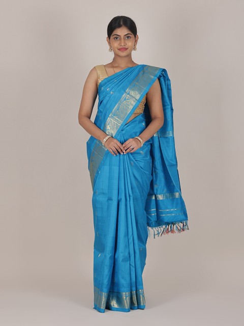 

Pothys Blue & Gold-Toned Woven Design Zari Pure Silk Kanjeevaram Saree