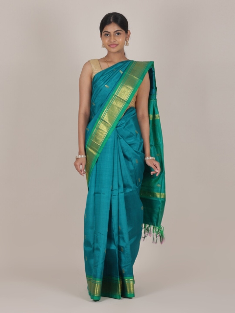 

Pothys Teal Blue & Green Ethnic Motifs Zari Pure Silk Kanjeevaram Saree