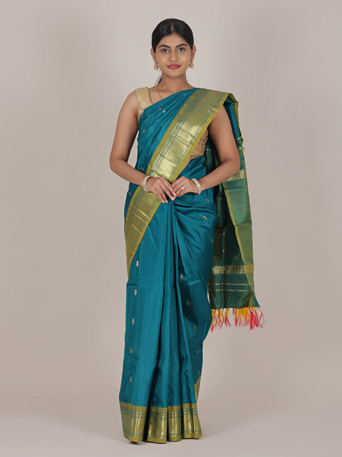 

Pothys Teal Blue & Green Ethnic Motifs Zari Pure Silk Kanjeevaram Saree