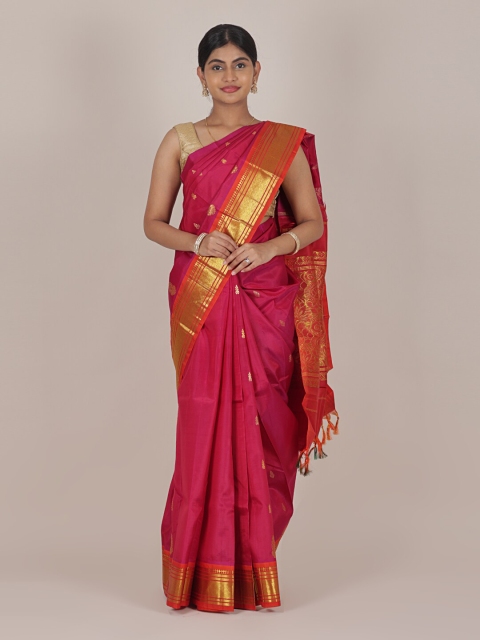 

Pothys Magenta & Gold-Toned Woven Design Zari Pure Silk Saree