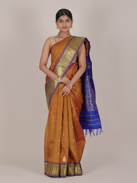 

Pothys Gold-Toned & Mustard Floral Kanchipuram Pure Silk Saree