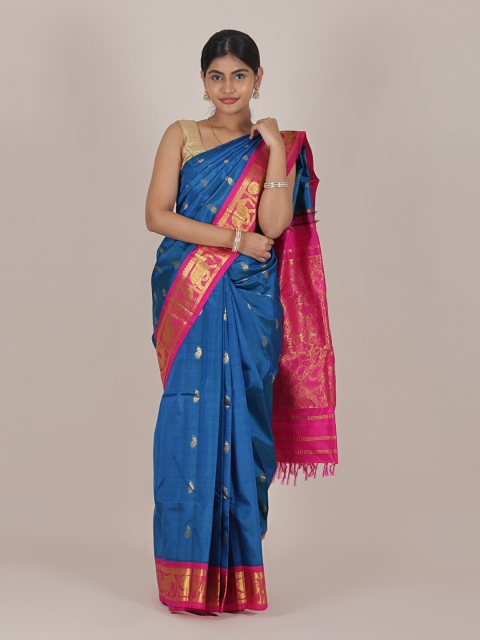 

Pothys Blue & Pink Ethnic Motifs Pure Silk Kanjeevaram Saree