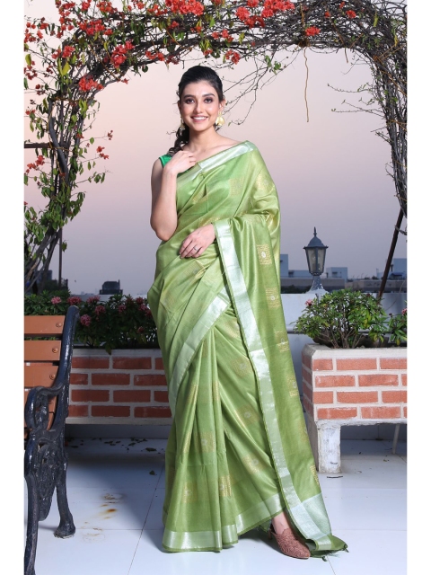 

Charukriti Green & Silver-Toned Woven Design Silk Blend Saree