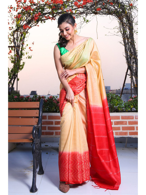 

Charukriti Beige & Red Woven Design Zari Silk Blend Saree