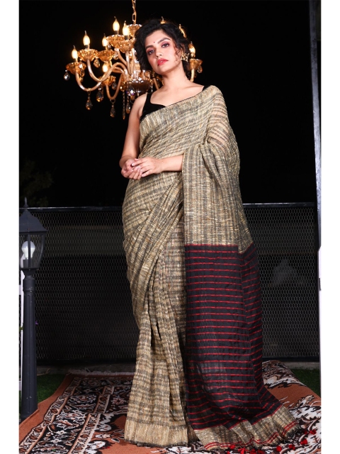 

Charukriti Beige & Navy Blue Woven Design Pure Cotton Saree