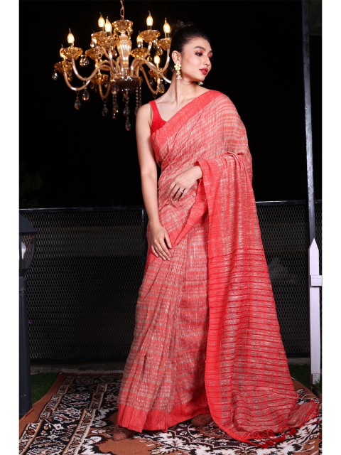 

Charukriti Red & Beige Striped Pure Cotton Saree