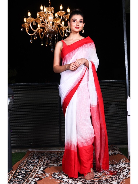 

Charukriti White & Red Woven Design Pure Cotton Saree
