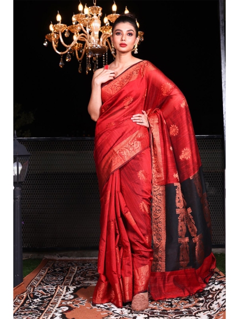 

Charukriti Red & Gold-Toned Woven Design Silk Blend Saree