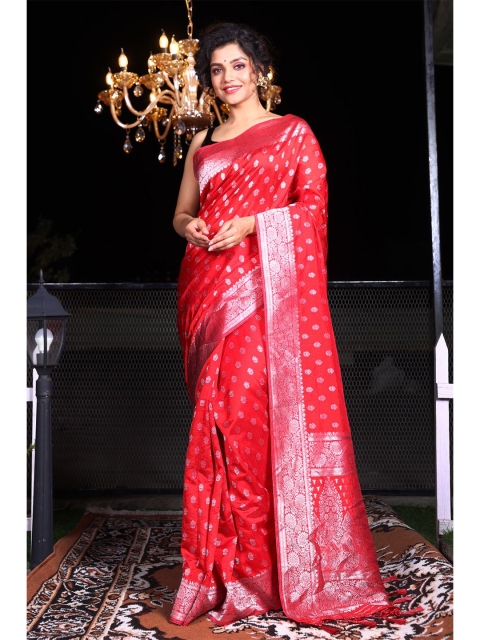 

Charukriti Red & Silver-Toned Woven Design Brocade Silk Saree