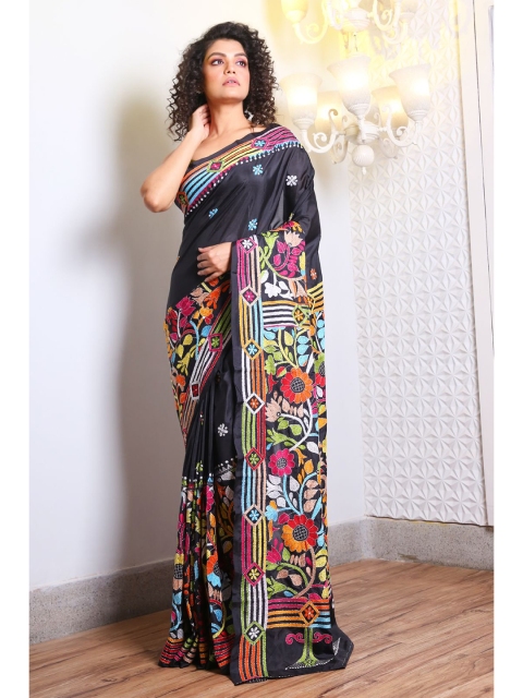 

Charukriti Black & Multi Woven Design Kantha Work Satin Saree