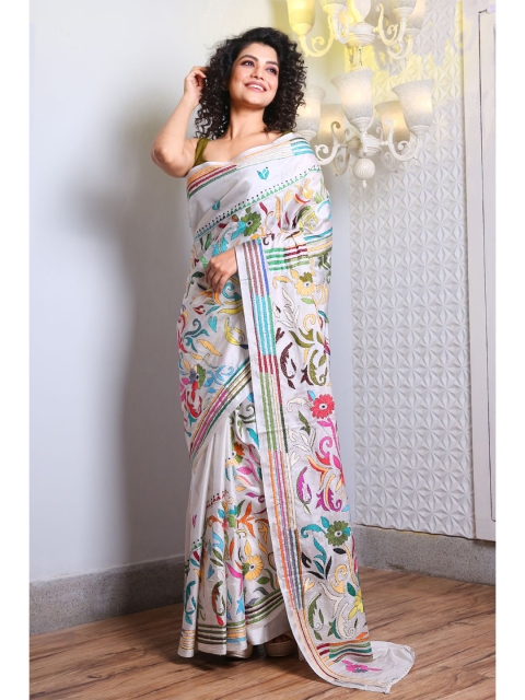 

Charukriti White & Blue Floral Kantha Work Satin Saree
