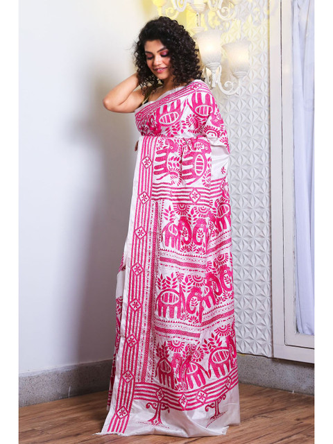 

Charukriti White & Pink Ethnic Motifs Satin Kantha Stitch Saree