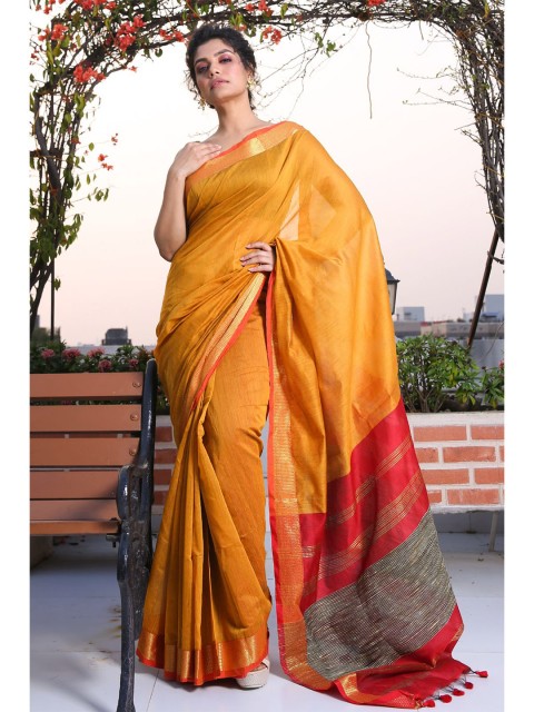 

Charukriti Mustard Yellow & Red Woven Design Saree