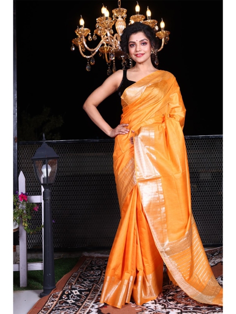 

Charukriti Mustard & Silver-Toned Woven Design Zari Saree