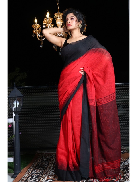 

Charukriti Red & Black Pure Cotton Saree