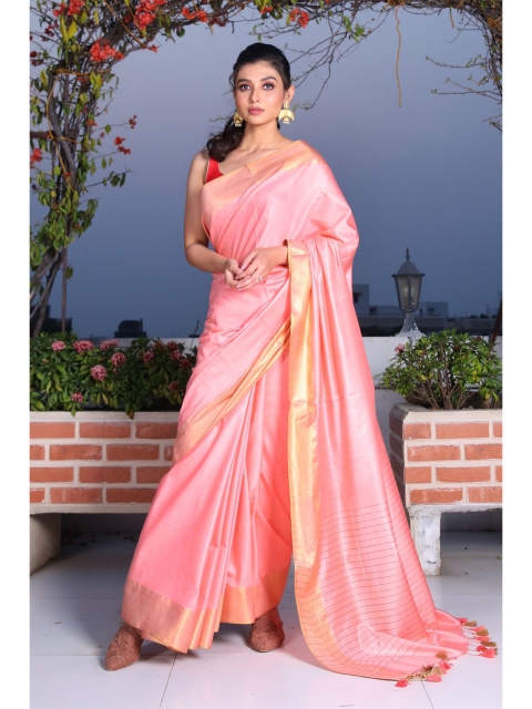 

Charukriti Pink & Gold-Toned Zari Cotton Blend Saree