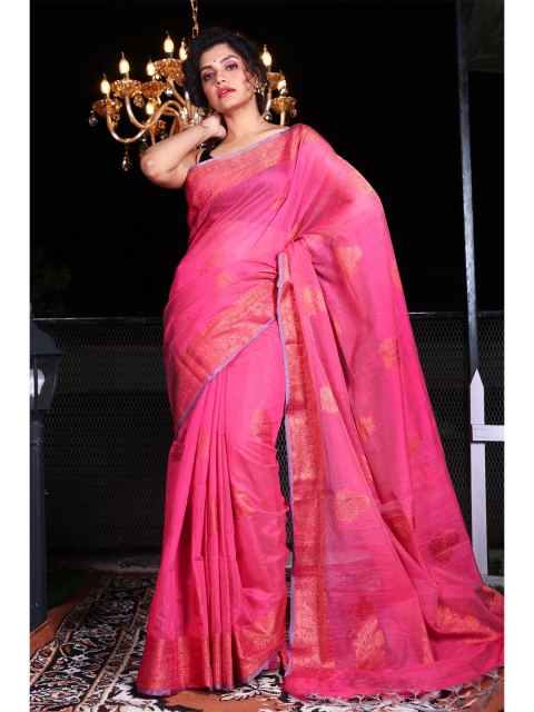 

Charukriti Pink & Gold-Toned Ethnic Motifs Zari Silk Blend Saree