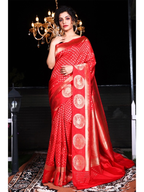 

Charukriti Red & Gold-Toned Woven Design Brocade Saree